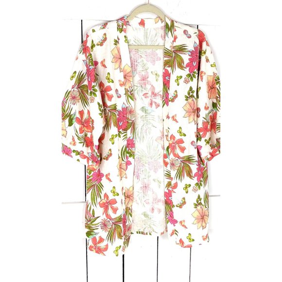 Vintage linen blend ivory pink tropical floral boxy cardigan kimono blazer - Picture 2 of 5